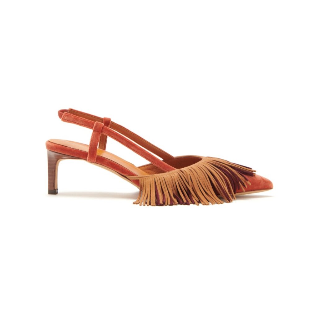 Ulla Johnson Orange Velvet Slingback Heels with Fringe